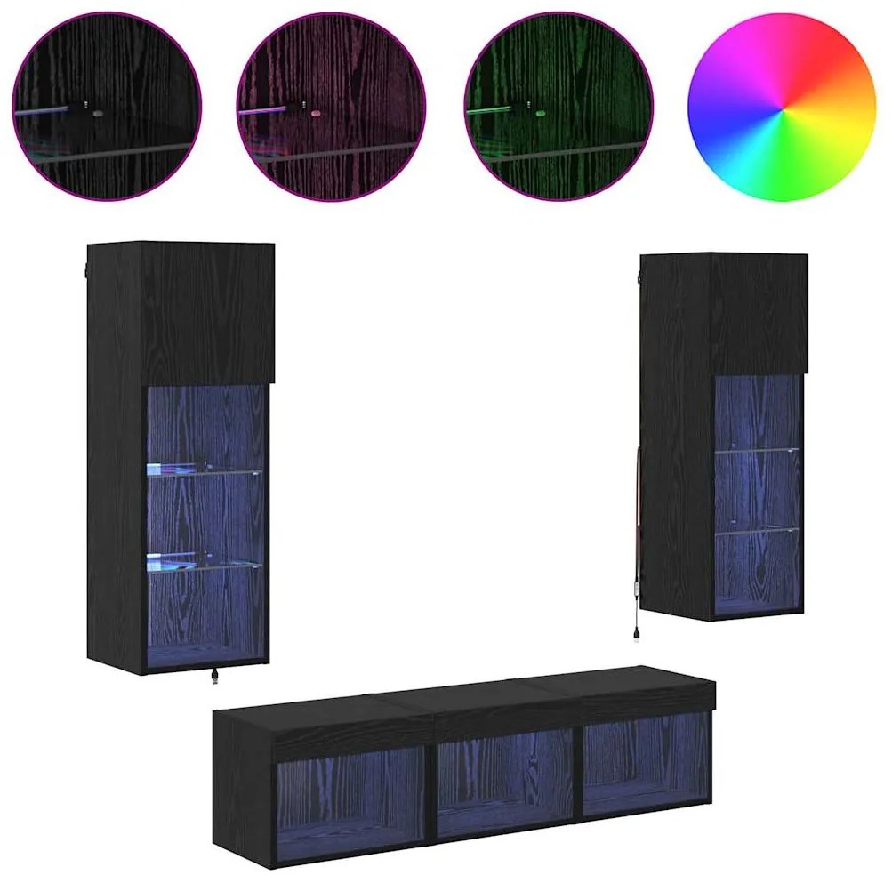 vidaXL Μονάδες Τοίχου Τηλεόρασης 5 pcs Μαύρη Οξυά Επεξεργασμένο ξύλο