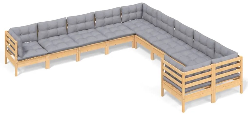 vidaXL Σαλόνι Κήπου Σετ 10 Τεμαχίων Ξύλο Πεύκου &amp; Γκρι Μαξιλάρια