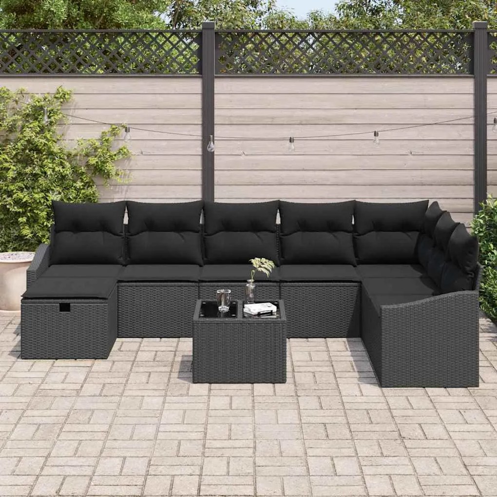 vidaXL Σετ Καναπέ Κήπου με μαξιλάρι 9 pcs Μαύρο Πολυ ράταν
