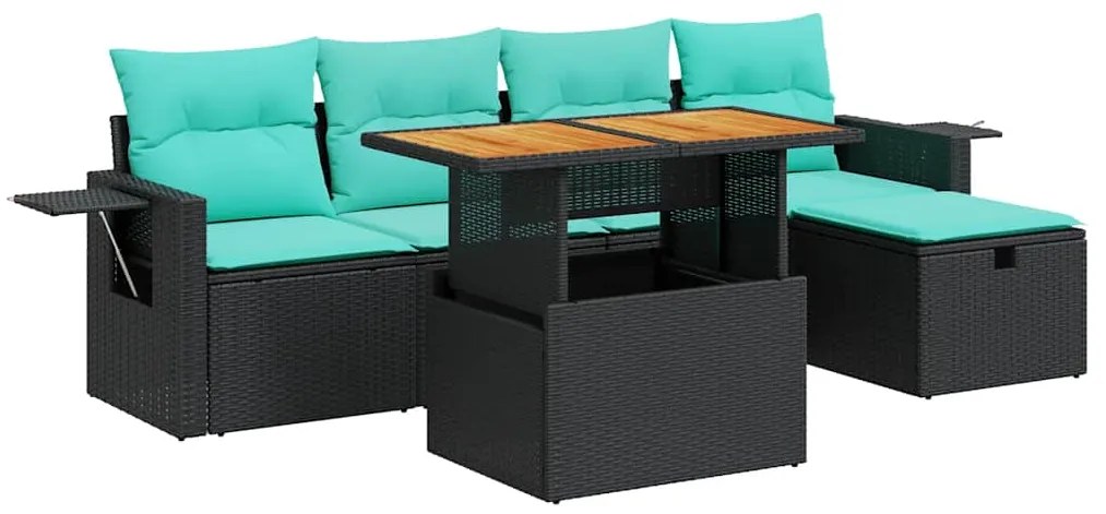 vidaXL Καναπές Κήπου 6 Τεμαχίων Μαύρο Συνθετικό Ρατάν Μαξιλάρια Ακακία