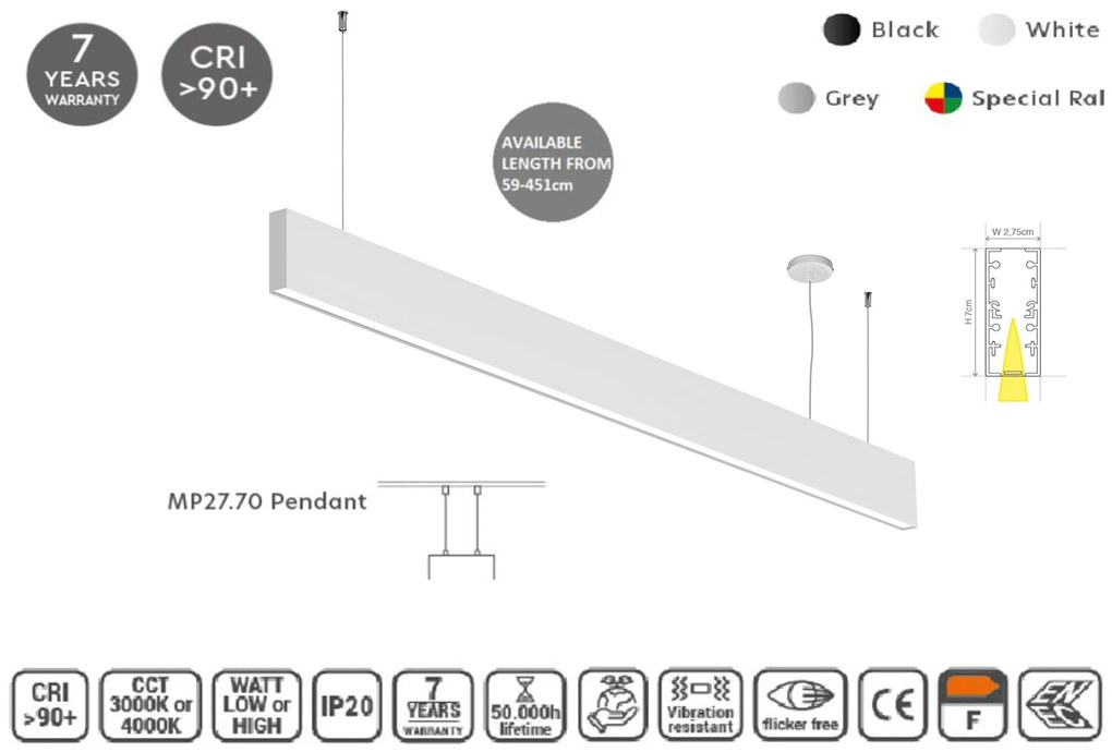 MP27.70P-115-H-3-O-OF-WH Linear Profile Lighting Ceiling 27.5x70mm 115cm HOMELIGHTING 77-22743