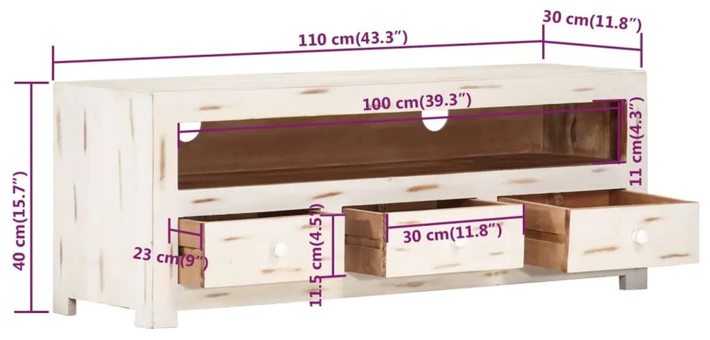 vidaXL Έπιπλο Τηλεόρασης Λευκό 110 x 30 x 40 εκ. Μασίφ Ξύλο Ακακίας