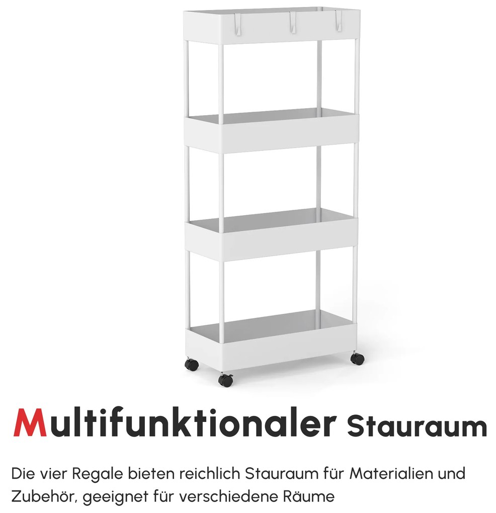 HOMCOM Τροχήλατο καρότσι κουζίνας με 4 ράφια, 4 ευέλικτες κρεμάστρες, 4 τροχούς, 40 cm x 19 cm x 90 cm, λευκό