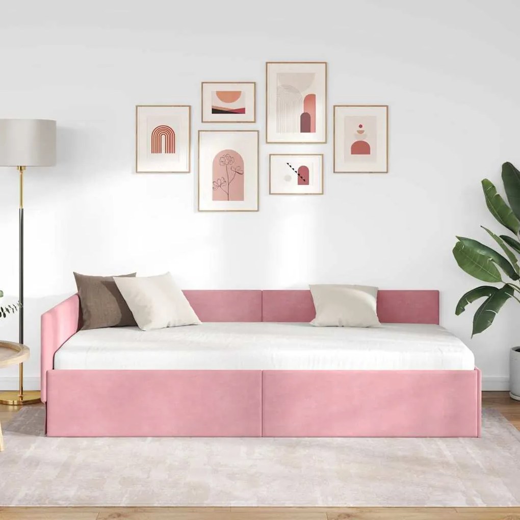 vidaXL Κρεβάτι Γωνίας Ροζ 90 x 200 cm Βελούδο και Εργοστασιακό ξύλο