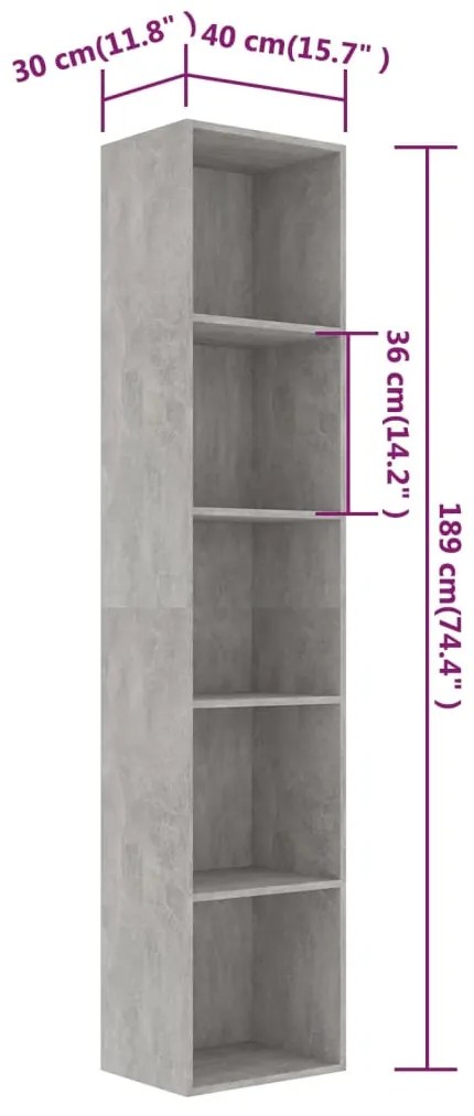 Βιβλιοθήκη Γκρι του Σκυροδέματος 40x30x189 εκ. από Επεξ. Ξύλο 800958