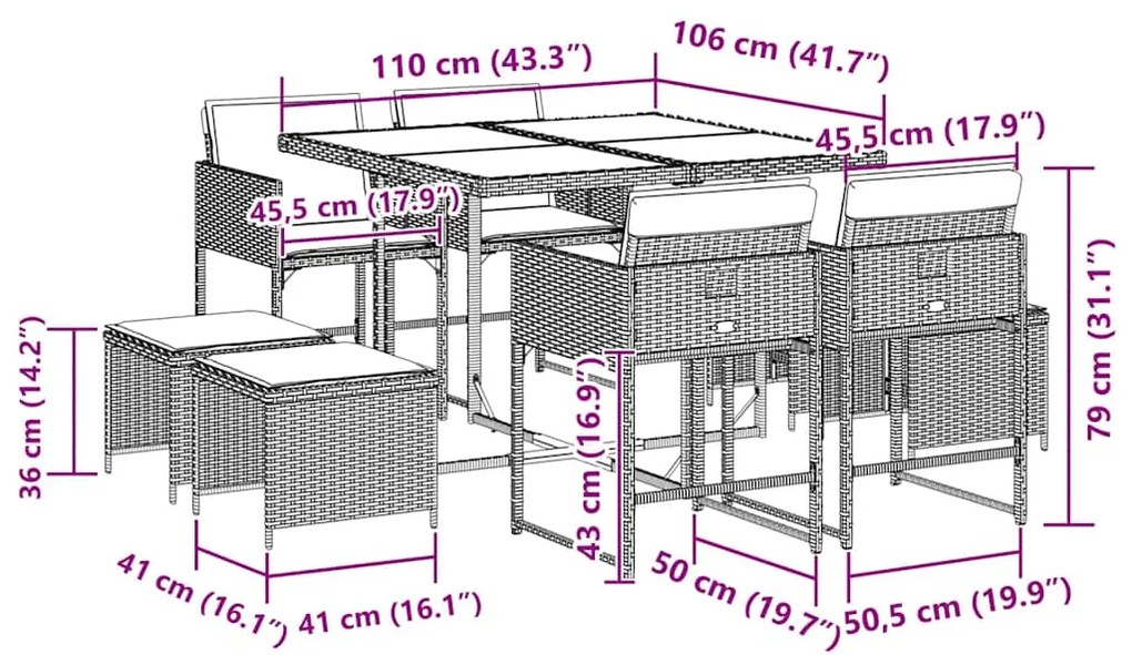 vidaXL Σετ Τραπεζαρίας Κήπου 9 τεμ. Γκρι Συνθ. Ρατάν με Μαξιλάρια