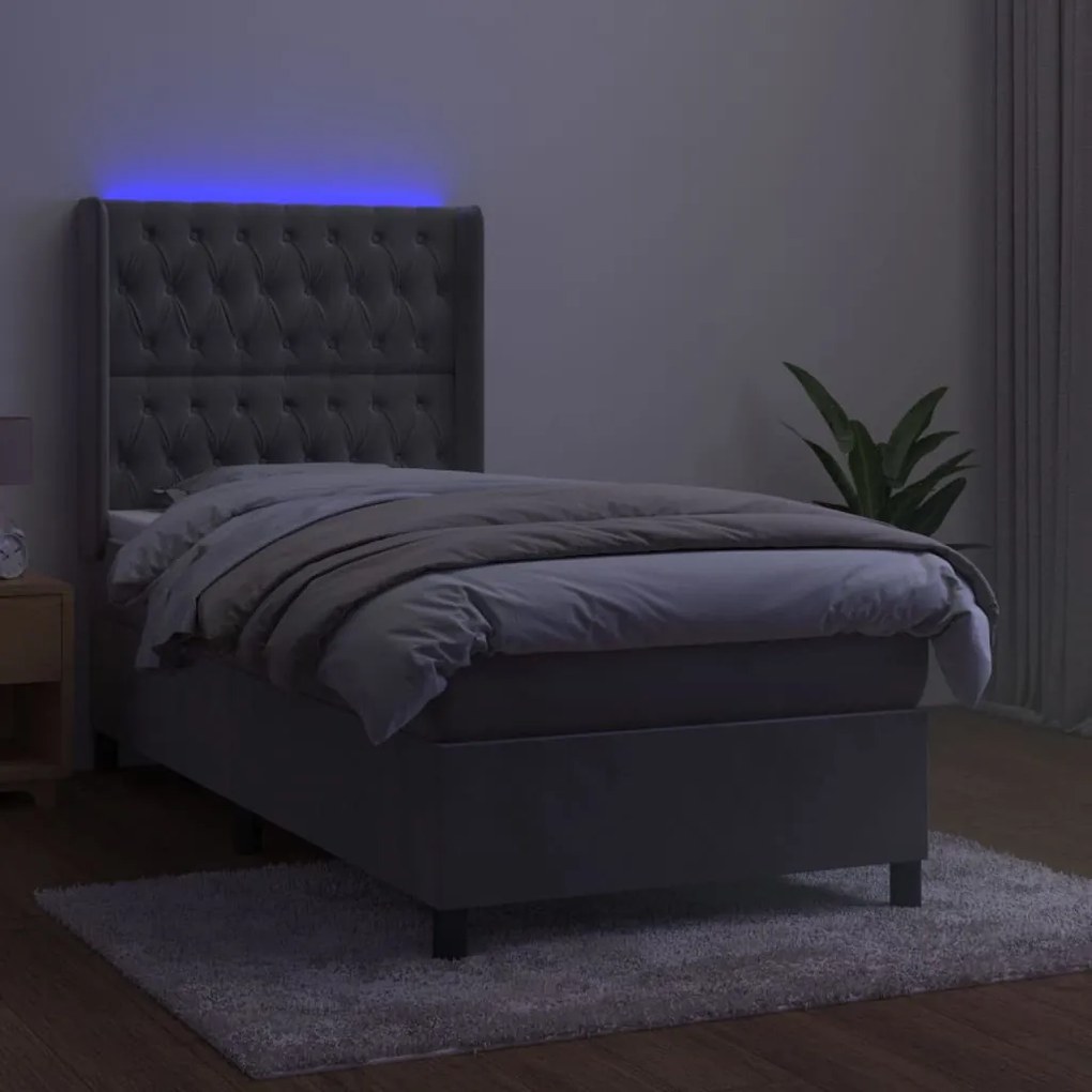 vidaXL Κρεβάτι Boxspring με Στρώμα & LED Αν.Γκρι 100x200 εκ. Βελούδινο