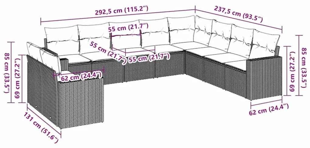 vidaXL Σαλόνι Κήπου 10 Τεμαχίων Καφέ από Συνθετικό Ρατάν με Μαξιλάρια