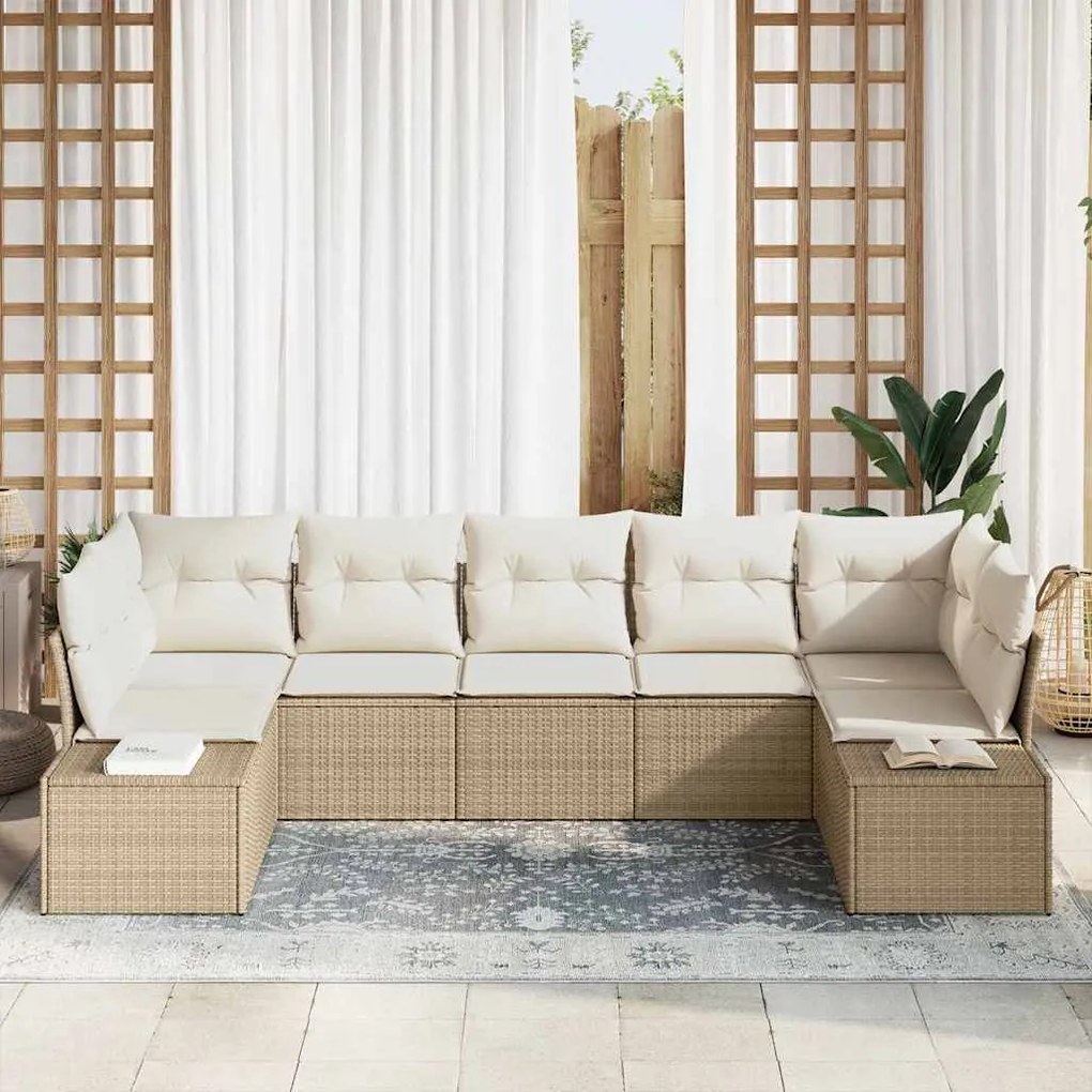 vidaXL Σετ Καναπέ Κήπου με μαξιλάρι 7 pcs Μπεζ Πολυ ράταν