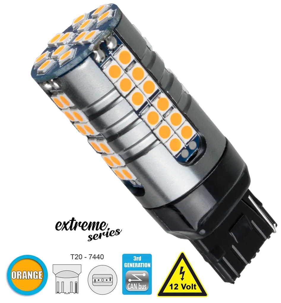 GloboStar® 81162 Λάμπα Αυτοκίνητου T20 - 7440 - W21W 3rd Generation Can-Bus Extreme Series LED 66 SMD 3030 15W 1800lm 360° DC 12V IP20 Πορτοκαλί