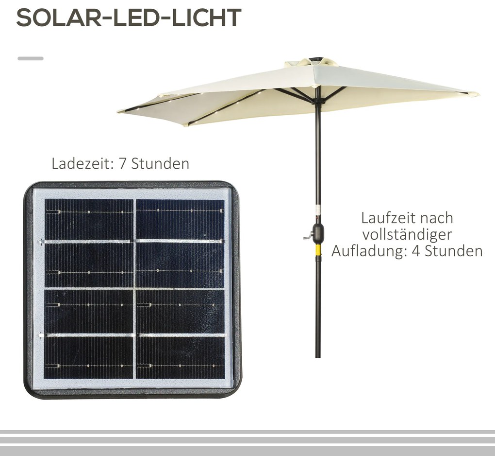 Outsunny Ομπρέλα, ομπρέλα βεράντας, ημικυκλική, με ηλιακό πάνελ, 20 LED, μανιβέλα, μπεζ, 2,70 x 1,35 x 2,40 m