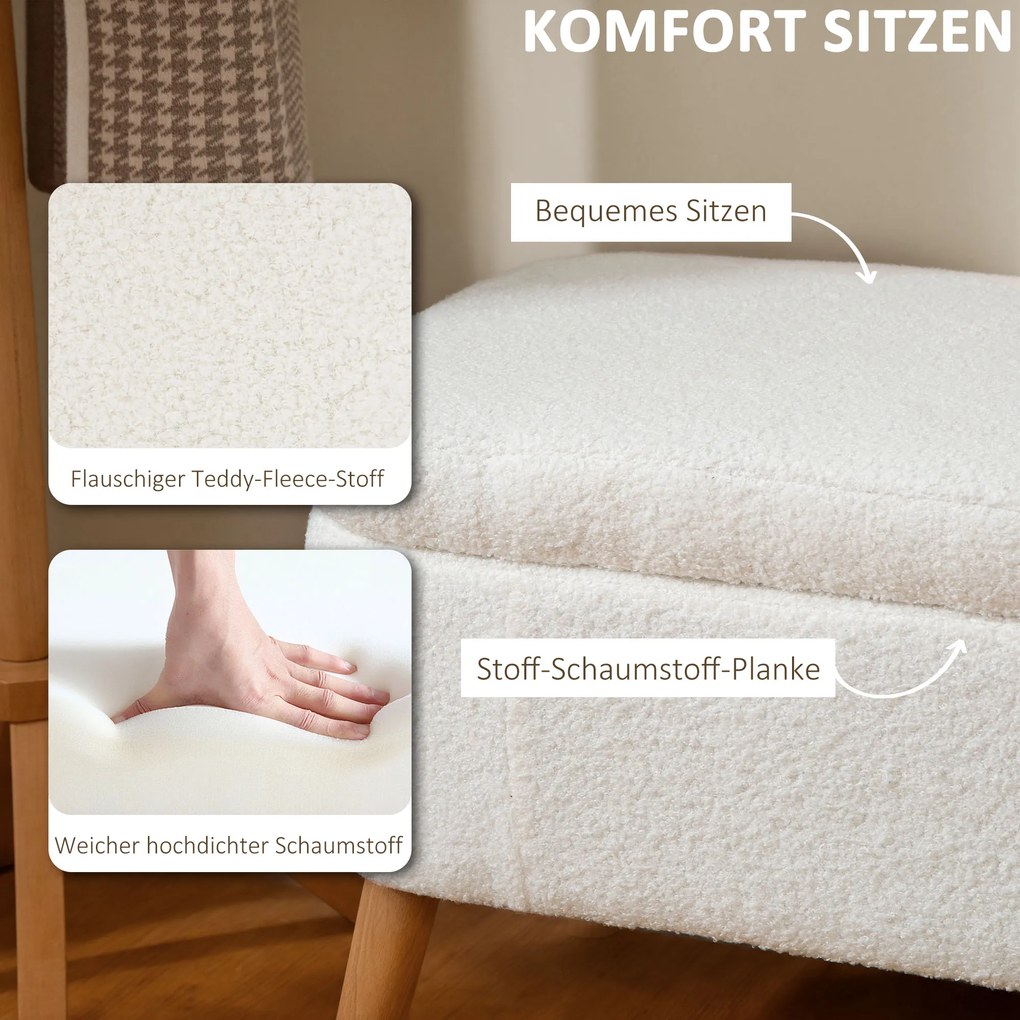 HOMCOM Σκαμπό αποθήκευσης, σκαμπό με 65 L αποθηκευτικό χώρο, υποπόδιο, ύφασμα fleece, ξύλο καουτσούκ, αφρός, 120 x 42 x 45 cm, κρεμ λευκό