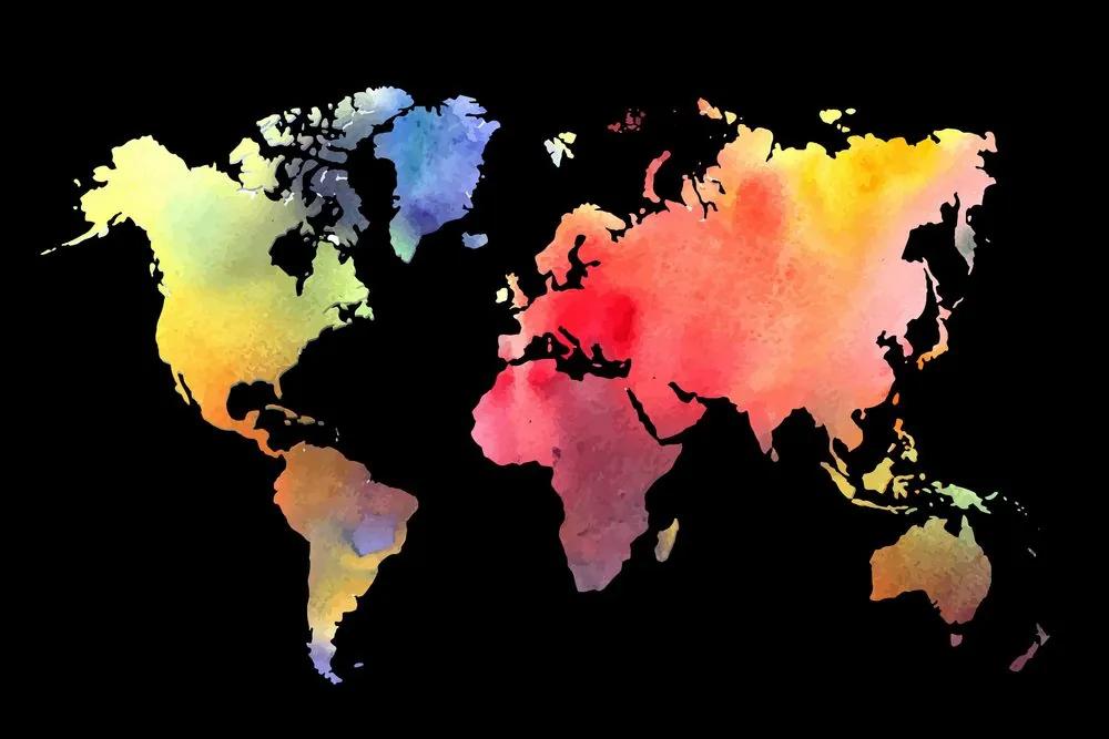 Εικόνα σε παγκόσμιο χάρτη από φελλό σε σχέδιο ακουαρέλας σε μαύρο φόντο - 120x80  color mix