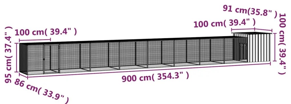 vidaXL Κοτέτσι - Κλουβί Γκρι 900x91x100 εκ. από Γαλβανισμένο Χάλυβα