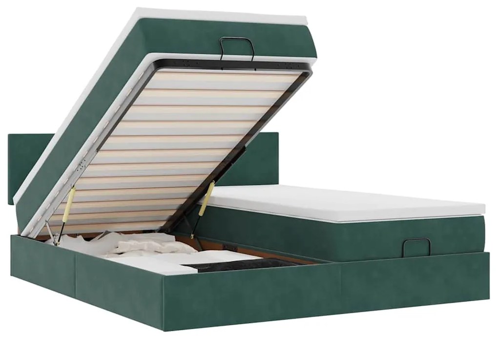 vidaXL Οθωμανικό κρεβάτι με στρώματα &amp; LEDs Σκούρο πράσινο Βελούδο