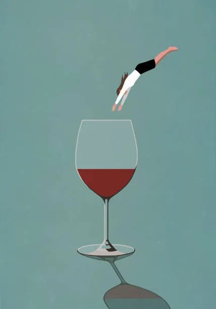 Εικονογράφηση Businesswoman diving into large glass of wine, Malte Mueller