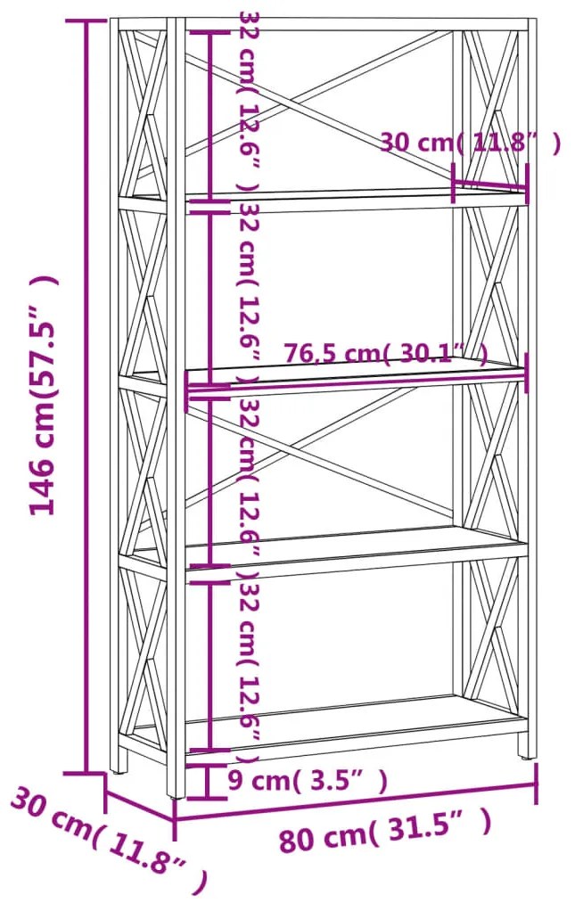 vidaXL Ραφιέρα 5 Επιπέδων 80 x 30 x 146 εκ. από Μασίφ Ξύλο Δρυός