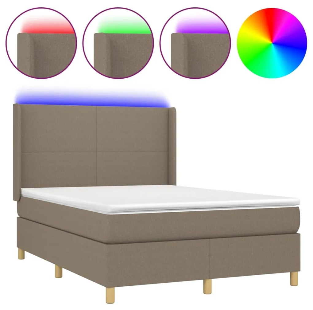 vidaXL Κρεβάτι Boxspring με Στρώμα & LED Taupe 140x190 εκ. Υφασμάτινο