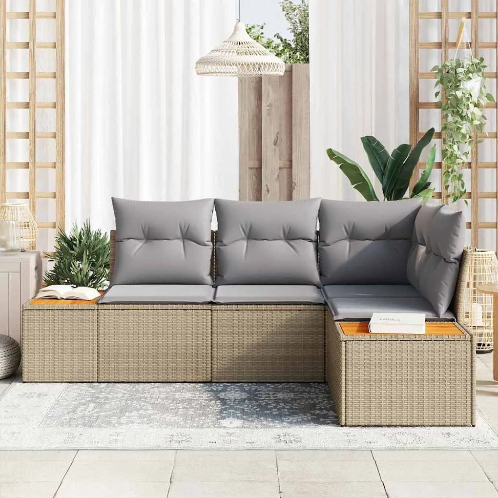 vidaXL Σετ Καναπέ Κήπου με μαξιλάρι 4 pcs Μπεζ Πολυ ράταν