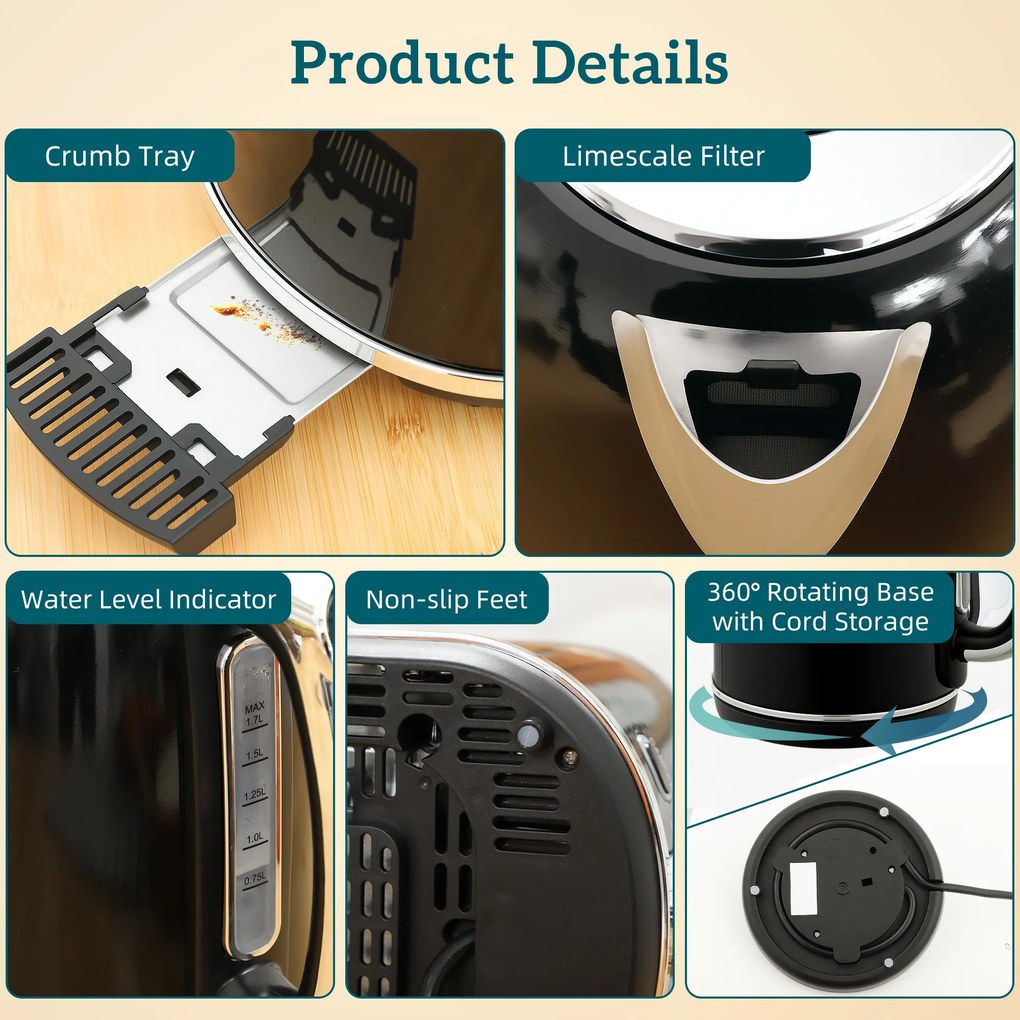 Σετ βραστήρα και τοστιέρας HOMCOM, Ένδειξη LED, 1,7 λίτρα, 2200W, Ρετρό σχεδιασμός, Λειτουργία μνήμης, Μαύρο