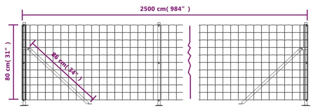 vidaXL Συρματόπλεγμα Περίφραξης Ανθρακί 0,8 x 25 μ. με Βάσεις Φλάντζα