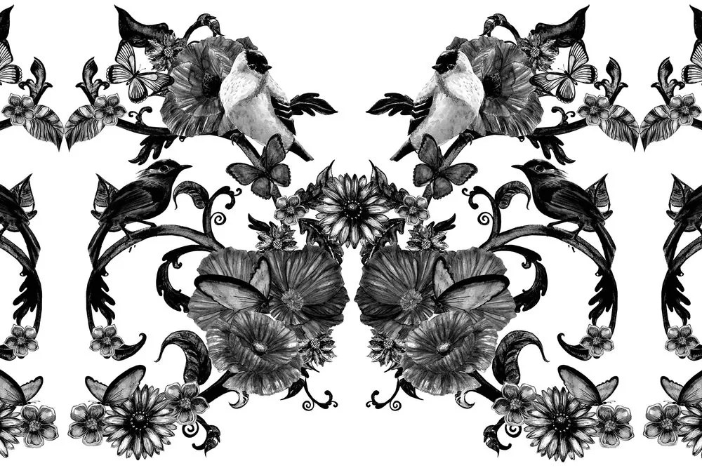 Εικόνα ασπρόμαυρης νεκρής φύσης λουλουδιών και πουλιών - 60x40