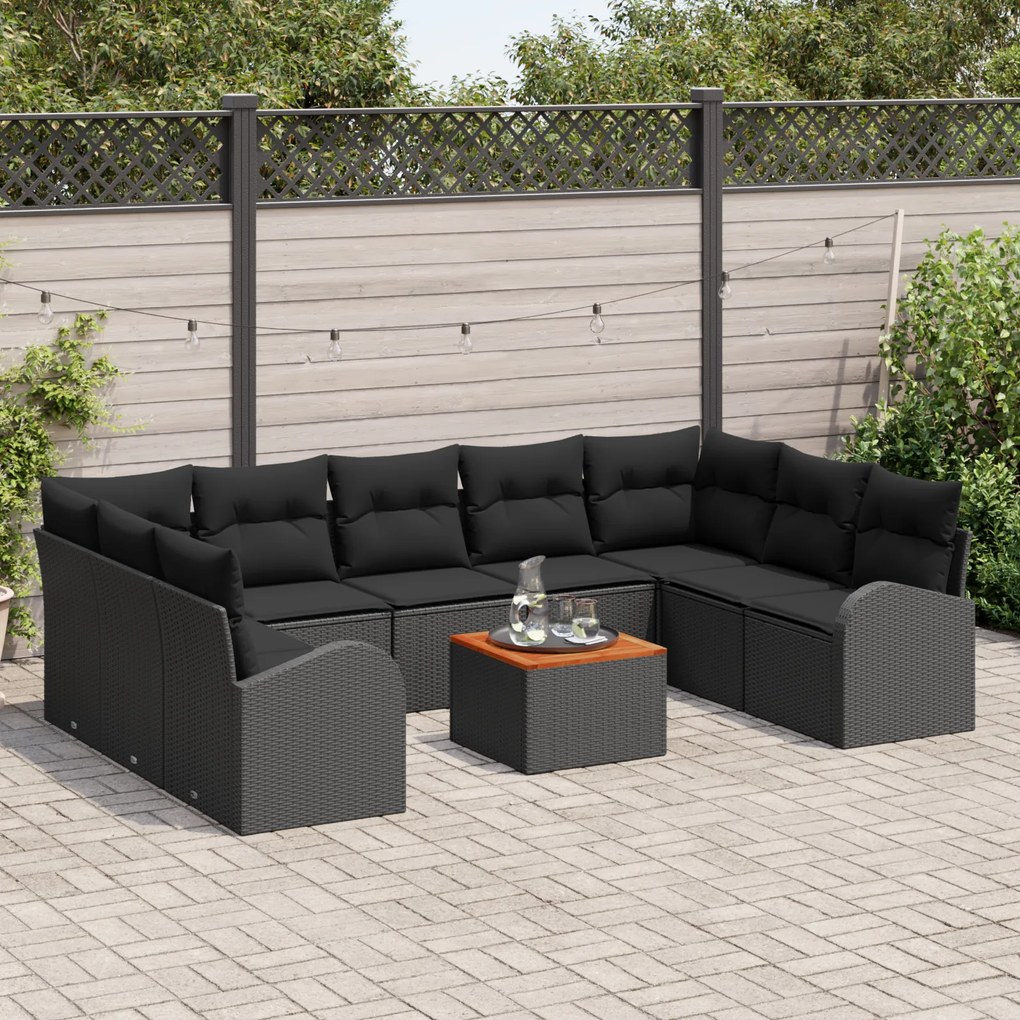 vidaXL Σετ καναπέ κήπου 10 pcs Μαύρο Μεγάλο Ρατάν, Ξύλο, Ύφασμα