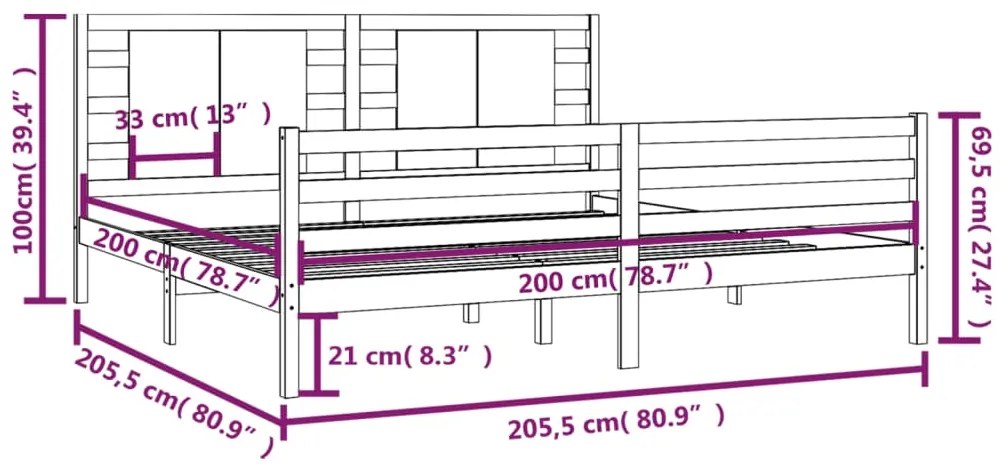 Πλαίσιο Κρεβατιού Μαύρο 200 x 200 εκ. από Μασίφ Ξύλο Πεύκου - Μαύρο