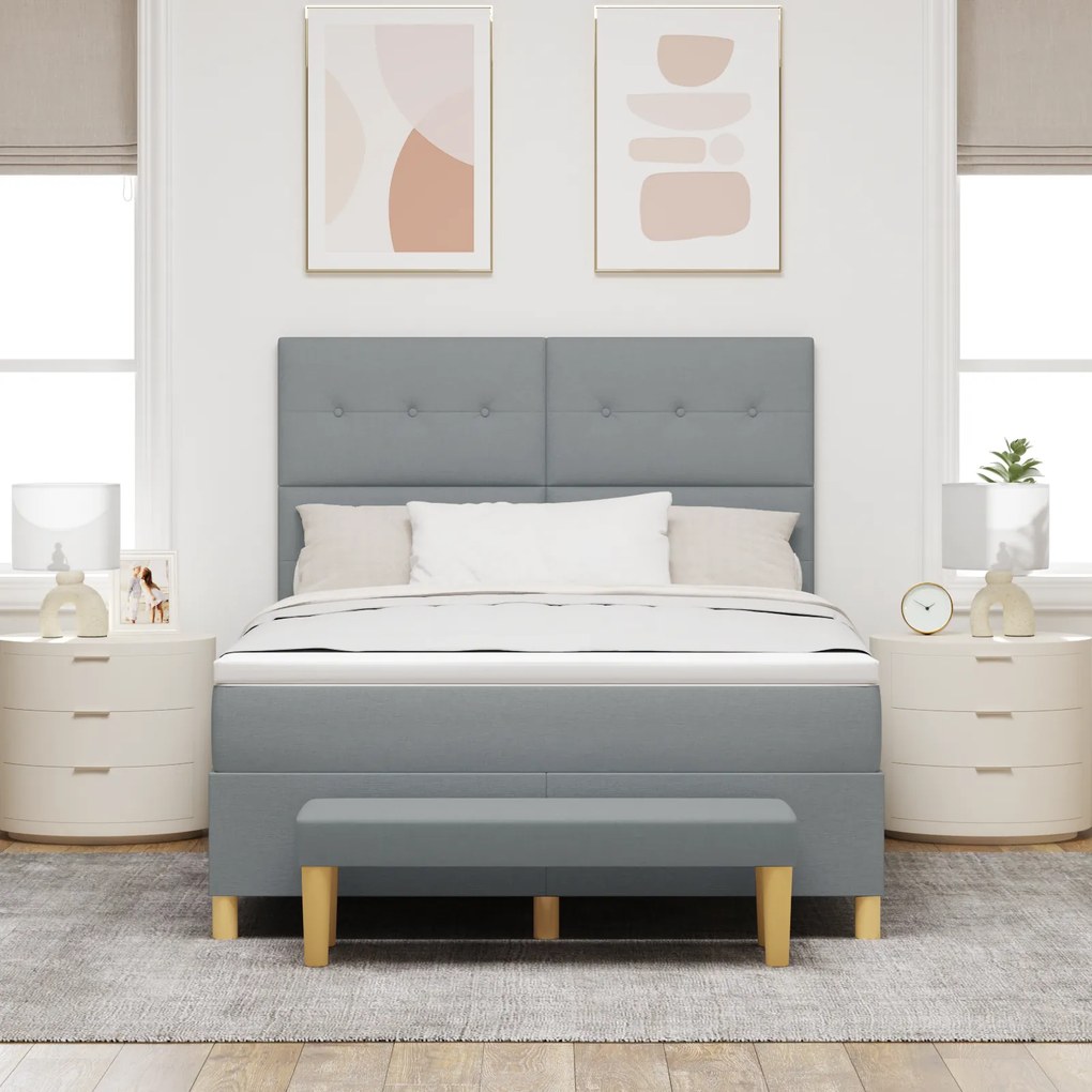vidaXL Κρεβάτι Box Spring με στρώμα και πάγκο Ανοιχτό Γκρι 140x190 εκ Υφάσμα