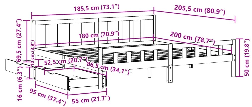 Σκελετός Κρεβατιού Χωρίς Στρώμα 180x200 εκ Μασίφ Ξύλο Πεύκου - Καφέ