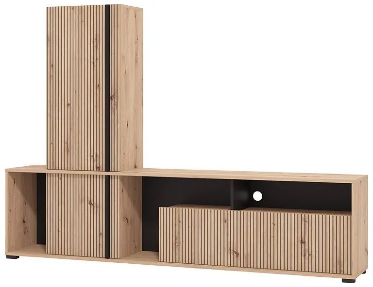 Κέντρο Ψυχαγωγίας - Σύνθεση Chania Artisan Oak - Artisan Oak με Μαύρες Γραμμές - Μαύρο 196x33x140 εκ.