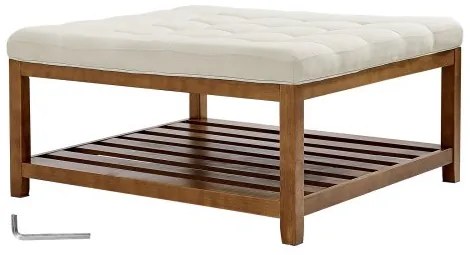 VEVOE Large Square Ottoman Coffee Table, 87.5 cm Tufted Coffee Table with Solid Wood Shelf Storage, Linen Solid Upholstered Footrest Ottoman for Bedroom Living Room, 400 LBS, Off-White
