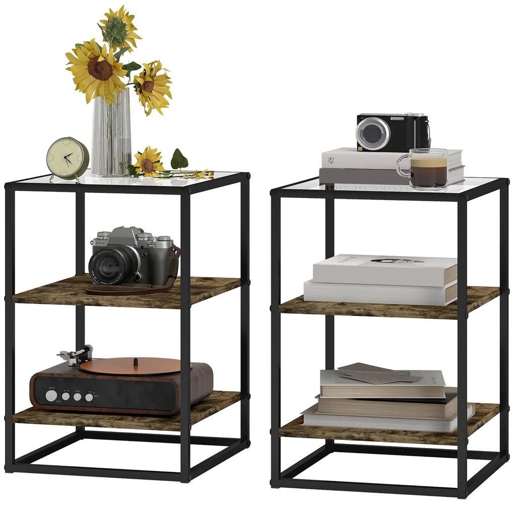 HOMCOM Σετ 2 τραπεζάκια σαλονιού με γυάλινη επιφάνεια, σχεδιασμός 3 επιπέδων, μεταλλικός σκελετός, για σαλόνι, υπνοδωμάτιο, καφέ