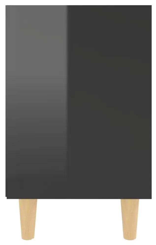Κομοδίνο Γυαλιστερό Μαύρο 40x30x50 εκ. με Μασίφ Ξύλινα Πόδια - Μαύρο