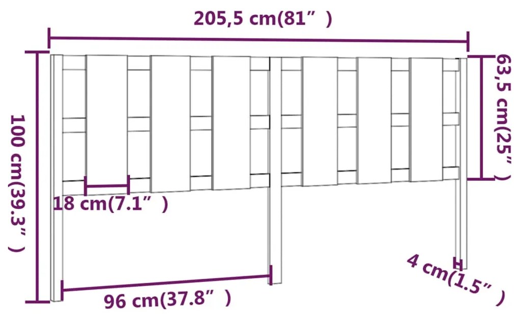 vidaXL Κεφαλάρι Κρεβατιού Λευκό 205,5x4x100 εκ. από Μασίφ Ξύλο Πεύκου