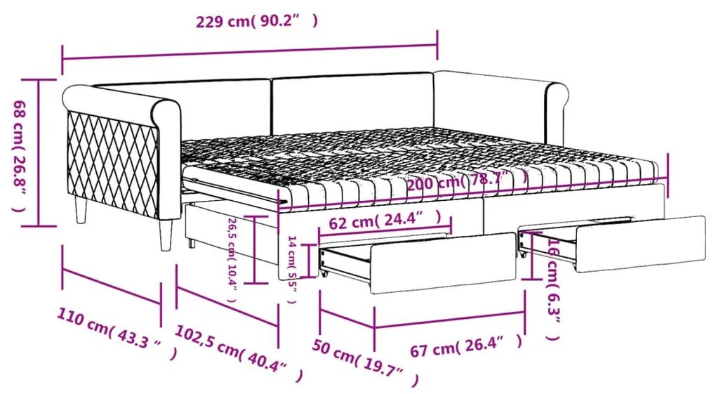 Καναπές Κρεβάτι Συρόμενος Μπλε 100x200 εκ. Βελούδινος Συρτάρια - Μπλε