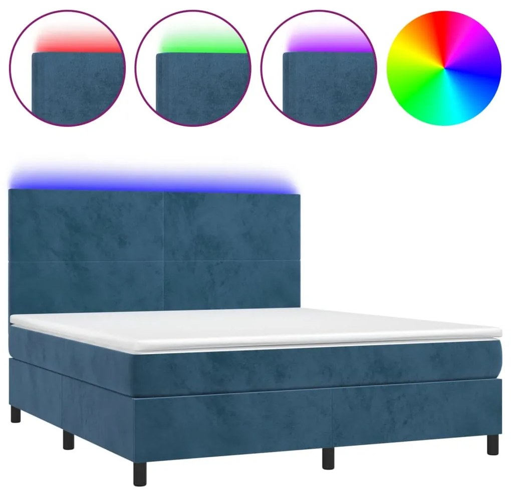 vidaXL Κρεβάτι Boxspring με Στρώμα & LED Σκ. Μπλε 160x200εκ. Βελούδινο