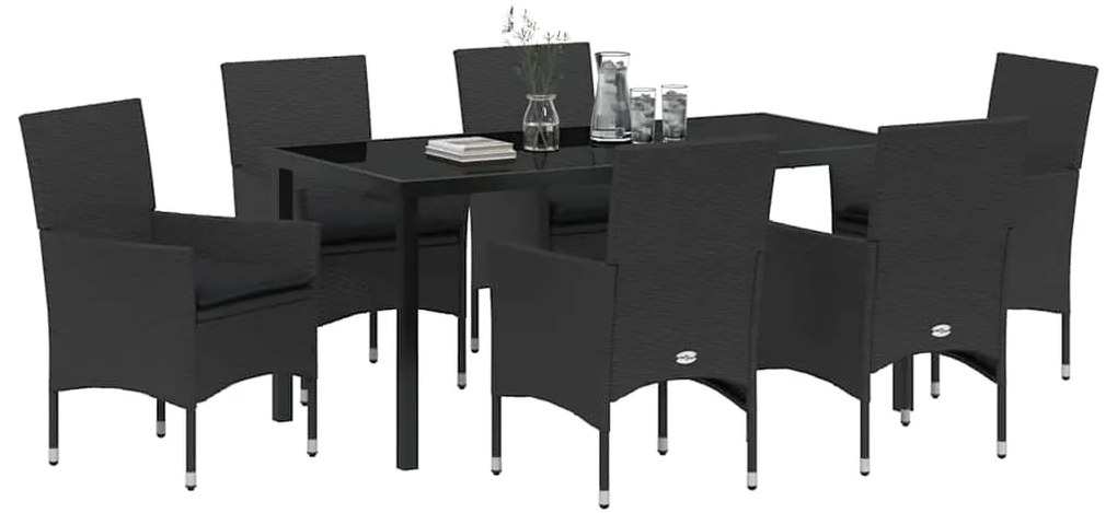vidaXL Σέτ φαγητού για κήπο με μαξιλάρι 7 pcs Μαύρο Πολυ ράταν