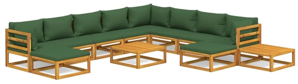 vidaXL Σαλόνι Κήπου Σετ 12 Τεμαχίων Μασίφ Ξύλο με Πράσινα Μαξιλάρια