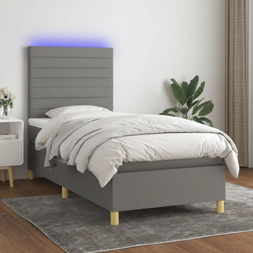 Κρεβάτι Boxspring με Στρώμα & LED Σκ.Γκρι 90x200 εκ. Υφασμάτινο