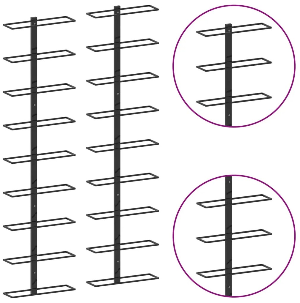 vidaXL Βάσεις Κρασιών Τοίχου 2 τεμ. για 18 Φιάλες Μαύρες Σιδερένιες