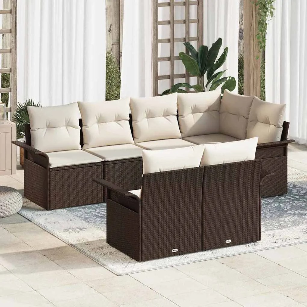 vidaXL Σετ Καναπέ Κήπου με μαξιλάρι 7 pcs Καφέ Πολυ ράταν