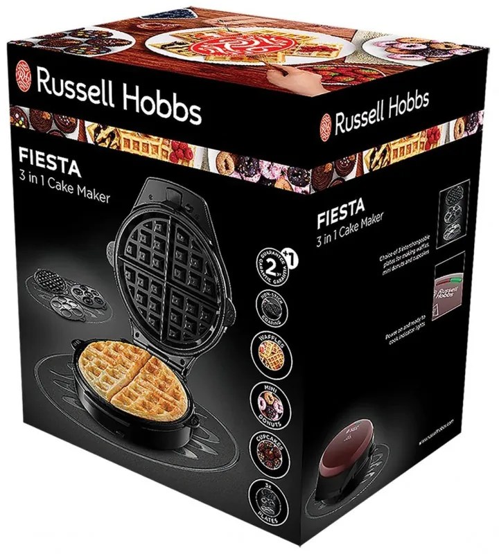 Συσκευή για βάφλες 3σε1 Russell Hobbs Fiesta 24620-56, 900w, Ανταλλακτικές πλάκες, Καπάκι ασφαλείας με αυτόματο κλείδωμα, Μπορντό/Μαύρο χρώμα