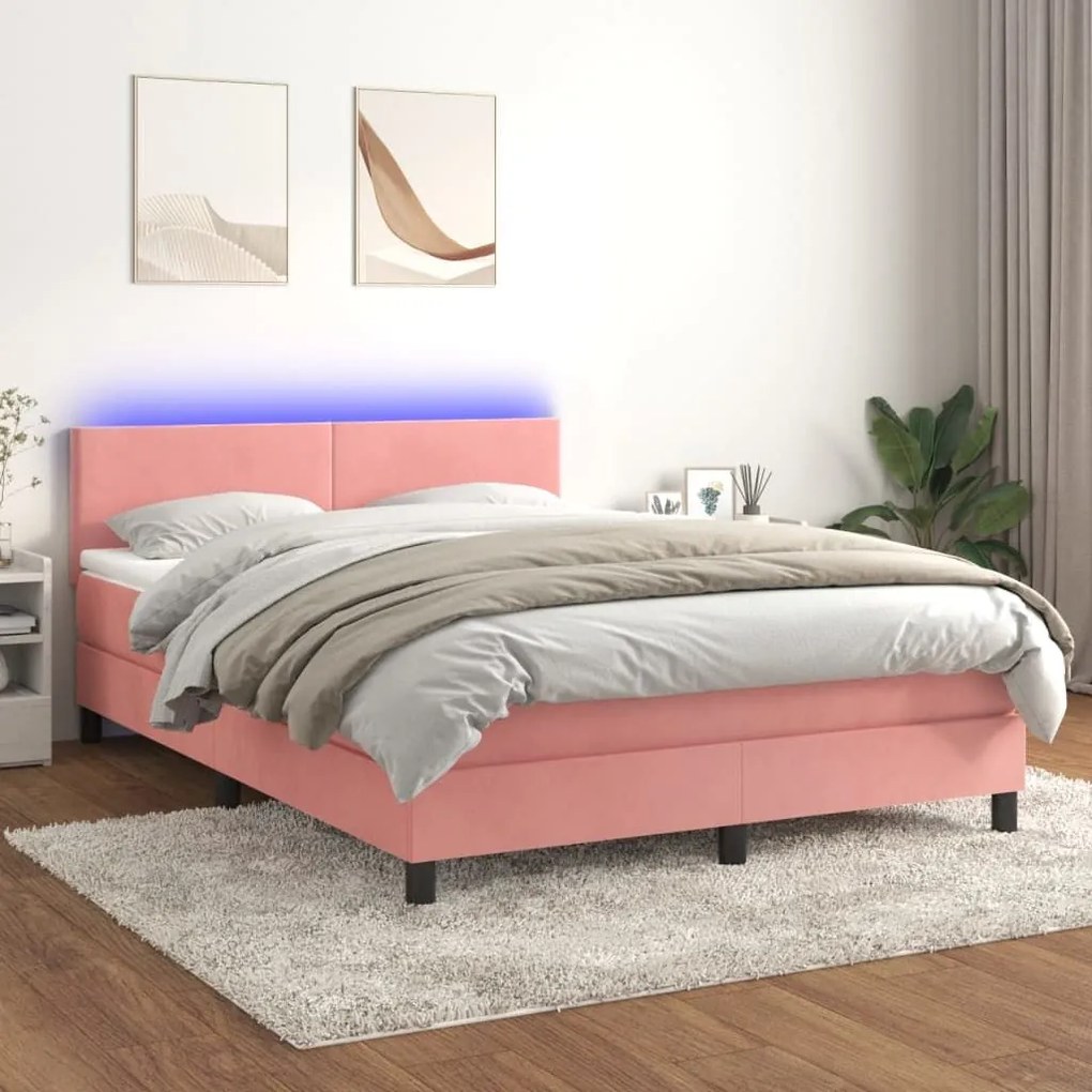 Κρεβάτι Boxspring με Στρώμα &amp; LED Ροζ 140x190 εκ. Βελούδινο - Ροζ