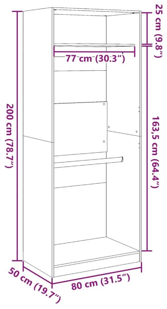 Ντουλάπα Καφέ Αρτισιανή Δρυς 80x50x200εκ από Επεξεργασμένο Ξύλο - Καφέ