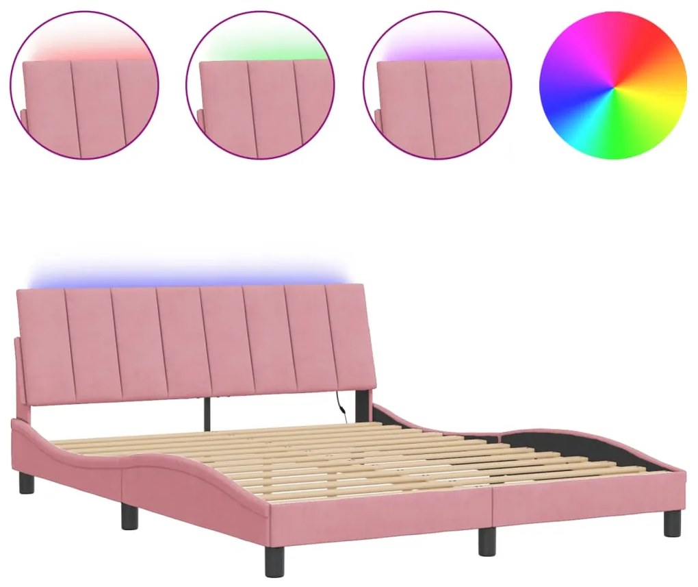 vidaXL Πλαίσιο Κρεβατιού με LED Ροζ 160x200 εκ. Βελούδινο