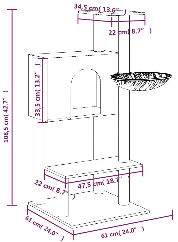 vidaXL Γατόδεντρο Aν. Γκρι 108,5 εκ. με Στύλους Ξυσίματος από Σιζάλ