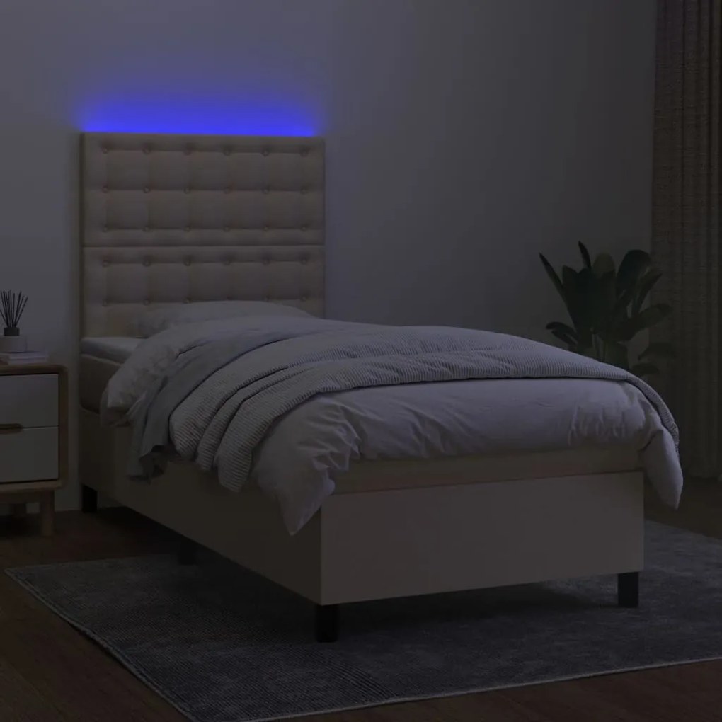 vidaXL Κρεβάτι Boxspring με Στρώμα &amp; LED Κρεμ 90x200 εκ. Υφασμάτινο