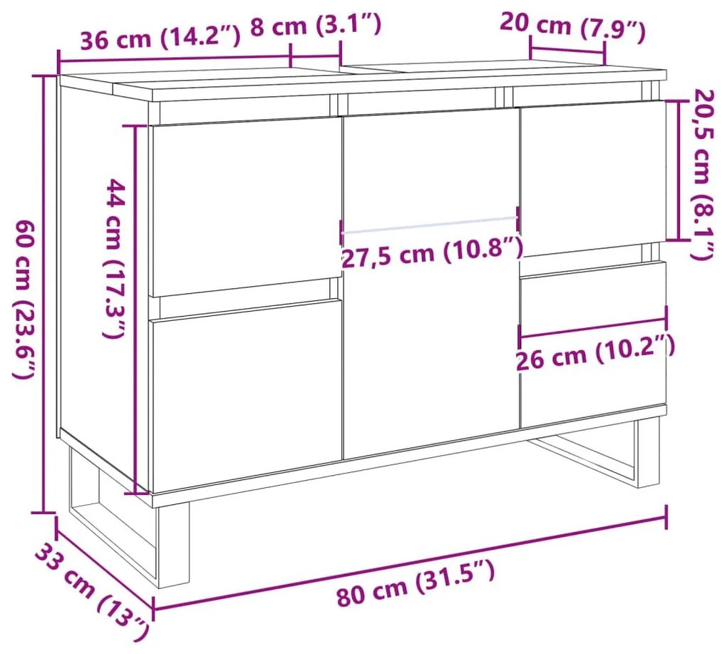 Ντουλάπι νιπτήρα μπάνιου Δρυς τεχνίτης 80x33x60 cm - Καφέ