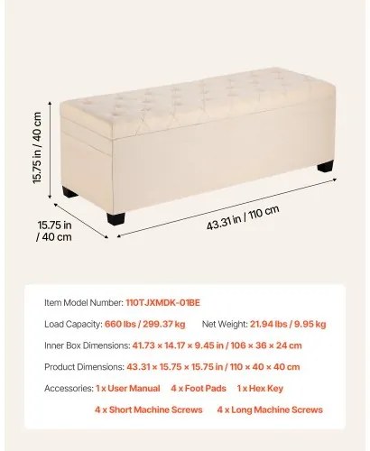 VEVOR Storage Ottoman Bench, Button-Tufted End of Bed Bench with Side Bags, Flip-up Upholstered Storage Chest with Metal Frame, Linen Bed Ottoman for Living Room, Bedroom, Entryway, Office, Beige
